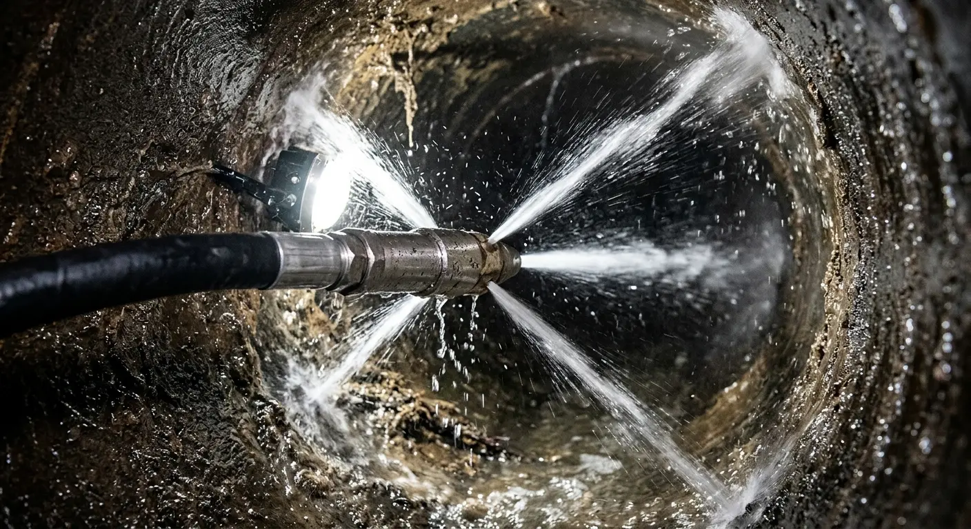 High-pressure hydro jetting nozzle cleaning sewer pipe for Sewer Line Relining in Mableton