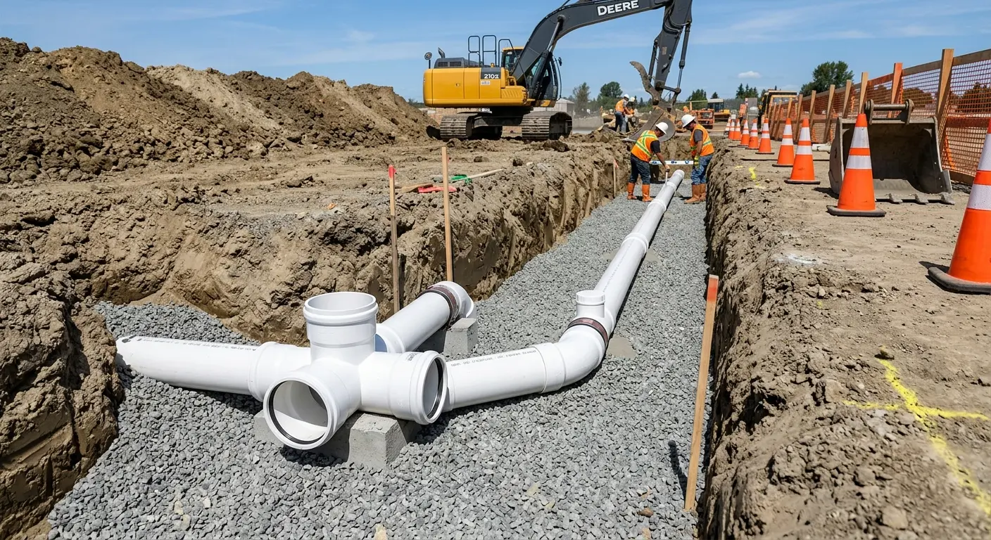New PVC sewer pipe installation in open trench for Sewer Backup in Mableton