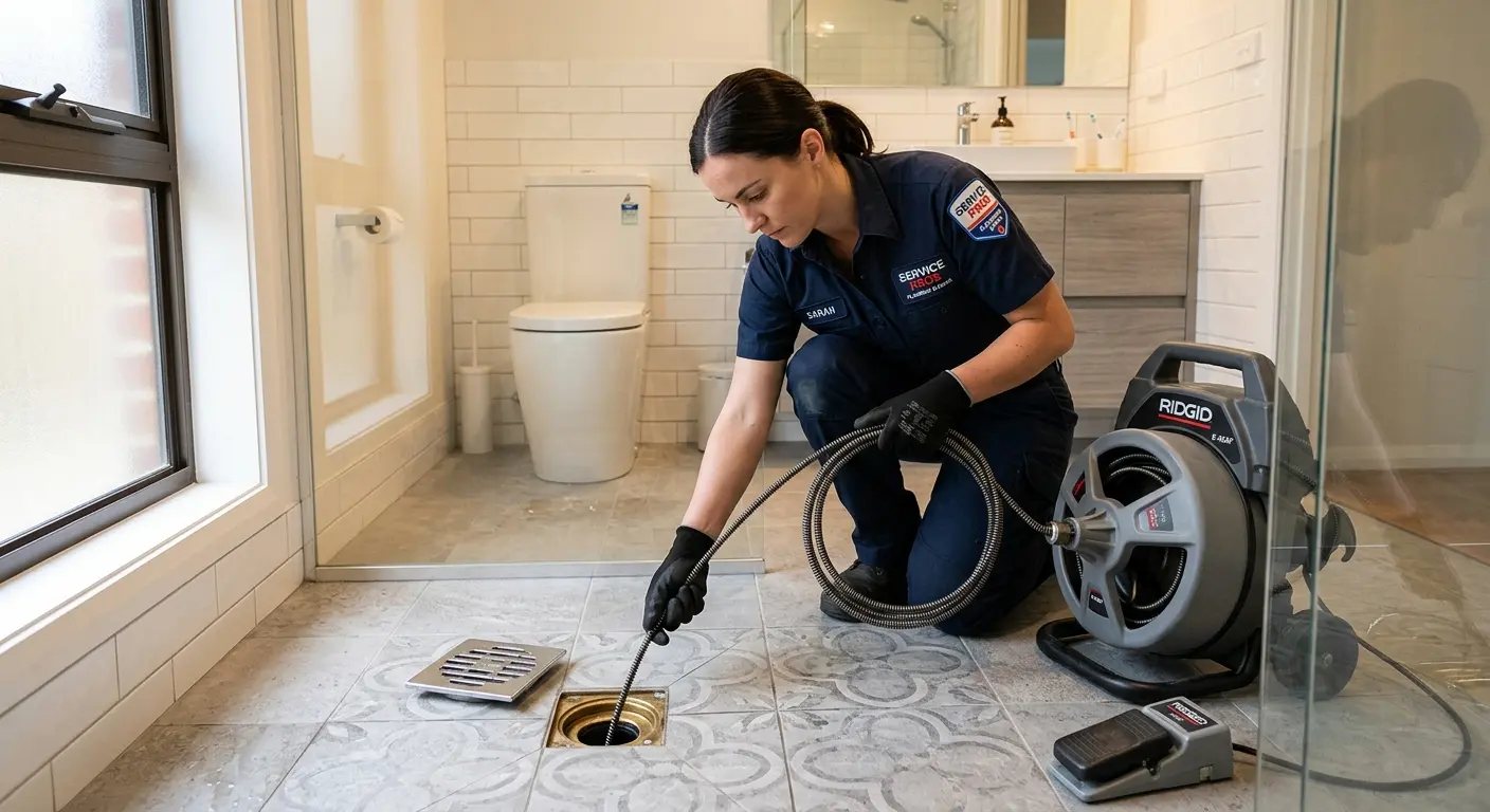 Technician clearing a bathroom floor drain for Drain Repair in Mableton
